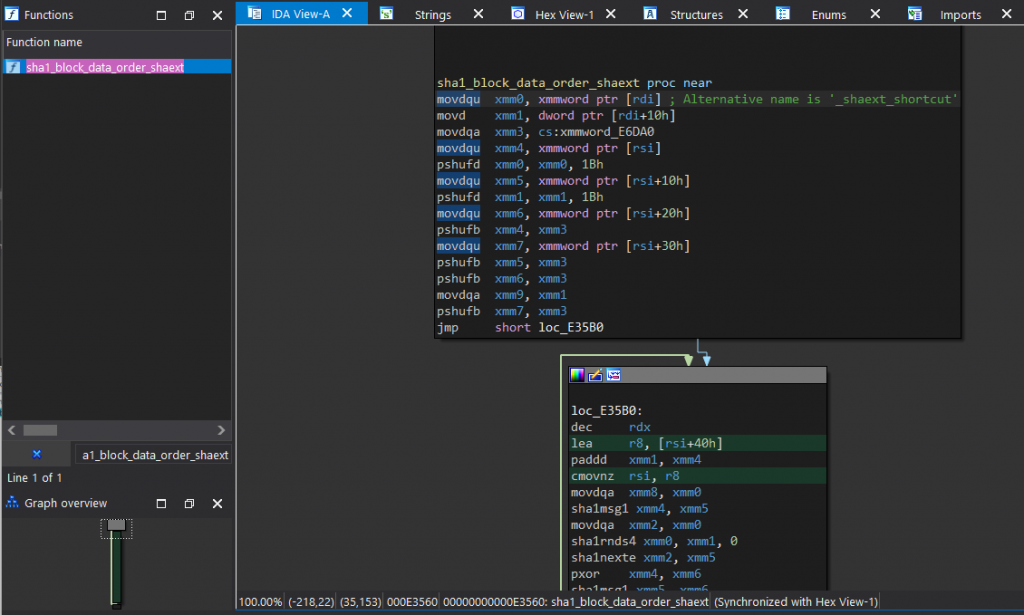 IDA showing sha1_block_data_order_shaext with patched instructions
